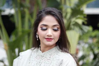 Close detail of bridal eye makeup with cut-crease shading
